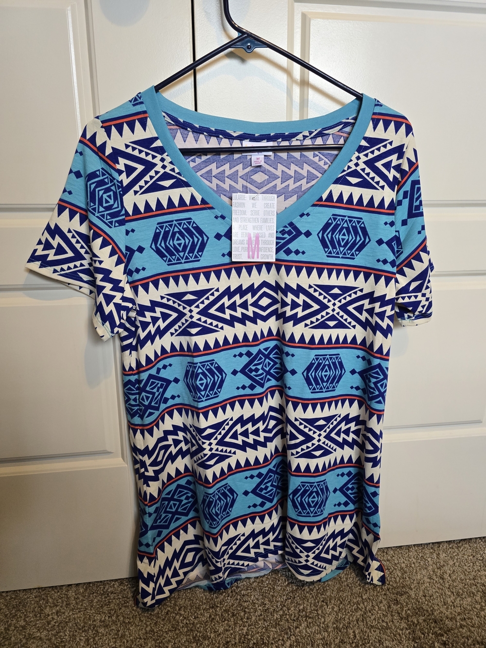 LuLaRoe Turquoise, Navy & White Aztec V-Neck Tee
